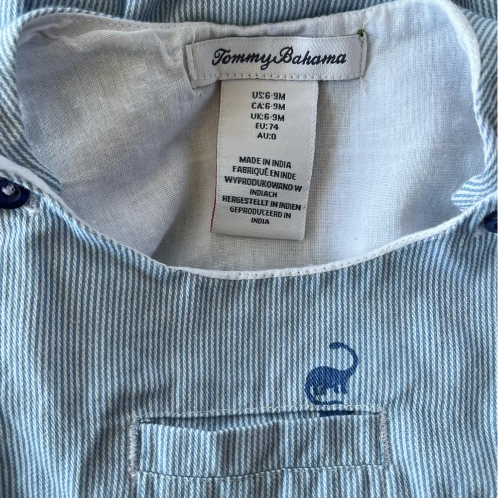 Tommy Bahama 6-9 M Light Blue White Striped Baby Bubble Romper Dinosaurs Overall